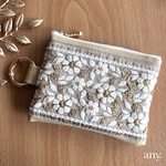new✨インド刺繍リボンポーチ 上品ベージュ♡フェイクレザー　カードケース　小物入れ