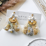 《 再販 》インド刺繍　刺繍リボン　タッセル　ブルー　グレー　グリーン　ブラウン　ゴールド　コットンパール　イヤリング　＊　ピアス　樹脂　お洒落　  個性的　結婚式　お呼ばれ　プレゼント　プチギフト