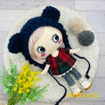🧸🧡着せ替え〈3点セット〉可愛いෆ̈(みみ付きニット帽・レース付きトップス・レギンスパンツ)ෆ̈ねこ耳　赤チェック　ネイビー🧶