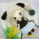 🧸🧡バイカラー✨着せ替え〈3点セット〉可愛いෆ̈(みみ付きニット帽・オフショルダートップス・ティアードスカート)ෆ̈ブラウン　水玉　ドット　大人可愛い　いぬみみ🐶