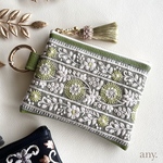 new✨インド刺繍リボンポーチ グリーン♡フェイクレザー　カードケース　小物入れ