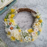 Lune Bonheur＜jaune printemps＞＊ハーフムーンリース＊春＊ミモザ＊プリザーブドフラワー＊お花＊ギフト＊結婚祝い＊新築祝い＊両親贈呈品＊ウェルカムリース