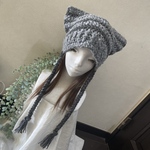 ☆ストラップ付 猫耳 ふわもこ ニット帽☆グレー×チャコールグレー