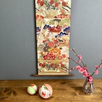 帯のタペストリー　アンティーク　鮮やかな花車　着物リメイク インテリア　掛け軸 　Kimono Tapestry Kakejiku Japanese style interior 和モダン