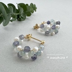 アクアマリン/アイオライト/淡水パールのフープピアス