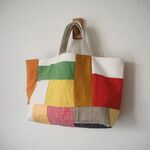 リネン・帆布・綿麻　カラフル系　ランダムパッチ　横長トートBAG　♪　綿麻　カラーリネン　グリーン