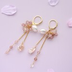 さくらの春風ピアス はなびらパール 虹色パール 天然石ストロベリークォーツ 淡水パール ピアス 桜