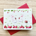 🍓透明水彩画　2枚セット「楽しいいちご狩り」イラストミニカード フルーツ  ウサギ　うさぎ　イチゴ　バースデーカード  メッセージカード　入園入学　春　花　母の日　父の日　ウェディング　出産祝い