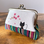 ＊会津木綿＊猫と桜 がま口カード・小物入れ  ミニ財布（カラフル縞）