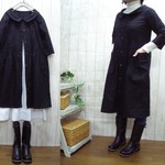 予約販売　リネン丸襟ピンタックコートワンピース　黒・生成り　M～２L,３L～５Lサイズからお選びください　プチオーダー可