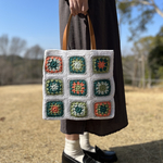 クロシェ編み　トートバッグ　グリーン×オレンジ　＊革持ち手　春夏バッグ