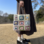 クロシェ編み　トートバッグ　カラフルa ＊革持ち手　春夏バッグ