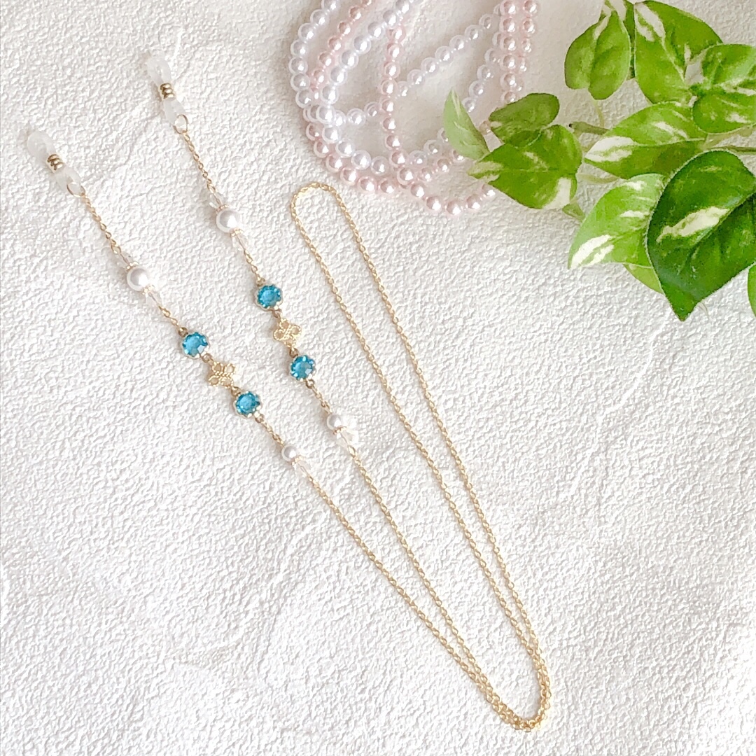 メガネチェーン】ブルーフラワー 可愛い小花✧︎ K16gp メガネ