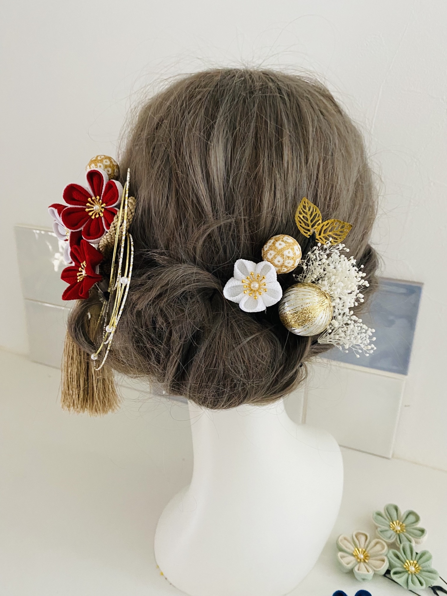 つまみ細工 【赤小花セット】卒業式 卒業式髪飾り 袴 水引き 成人式用