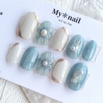 ネイルチップ   夏ネイル オーロラ ブルー ぷっくりフラワーネイル 春色 ニュアンスネイル  ウエディング 入学式
