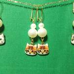 猫ピアス☆茶色にゃんこ×コットンパール☆ハンドメイドゴールドピアス☆