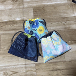  ハギレでで作った巾着3点セット♪花柄&デニムパッチワーク&北欧ブルー花柄