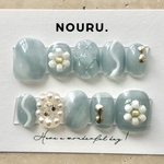 新作！空色クリームソーダ 🐋☁️💍 サイズオーダーネイルチップ/チビ爪/短爪/ベリーショート/お花/フラワー/細フレンチ/ビーズ/透明感/キルト/キルティング/天然石/普段使い/前撮り/入学式/卒業式