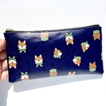 和柄柴犬🐕濃紺　ラミネートマスクポーチ　お財布ポーチ　ペンケース　裏面レザーとクリア生地　20cmファスナー