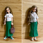 リカちゃんサイズ　Tシャツとブラウスでイメチェン！できるグリーンのスカートのセット