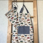 【オーダー】【120】はたらくくるま・そらいろ☆子供 キッズ エプロン＆三角巾＆巾着袋