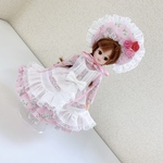 【送料無料】リカちゃんお洋服、ピンクの花柄エプロンワンピース5点セット（ボンネット、ペチコート、靴下）（67）