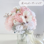 ふんわり優しい✳︎バラのラウンドブーケ《造花 アーティフィシャルフラワー》【完成品ブーケ 、ブートニア付】