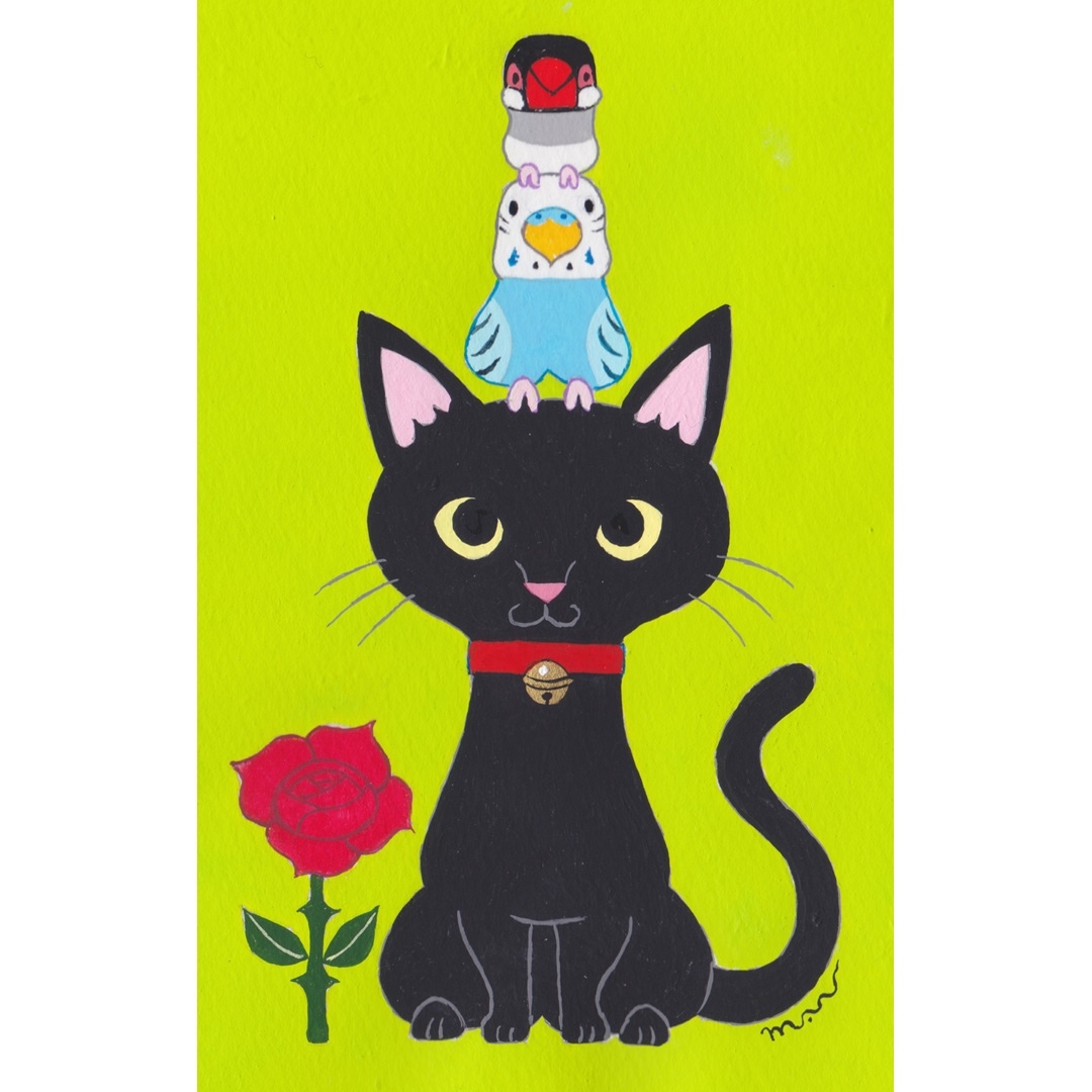 セキセイインコと猫 絵画