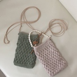 【再販】春夏🍀新作✨  コットンのスマホショルダー  模様編み  ラテベージュ＆アトモスグリーン      