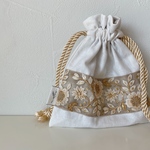 インド刺繍リボン 巾着ポーチ ライトグレー(送料無料)