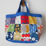 カラフル　北欧風　四角パッチ　横長トートBAG　リバーシブル　帆布　ブルー