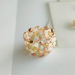 再販※ミックスベリルとメタリックピンクの花編みリング