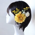 ＊イエローのダリアとミモザ、ラナンキュラスのヘッドドレス＊ショートへアでも簡単に着けられ圧倒的に落ちにくいワニ口クリップ＊卒業式＊成人式＊