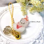 🍓いちご大福食べちゃった🐱💦根付けストラップ・柚子🐾しょんげり顔 送料無料 レジン じゃれ猫
