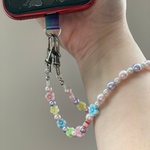 【 送料無料 】スマホストラップ  ハンド　ストラップ   手首かけ　ビーズアクセサリー  パール　ラベンダー　パープル　紫　ピンク　ホワイト　アクリル　フラワー　花　レッド　ブルー　イエロー