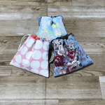 ハギレでで作った巾着3点セット♪薔薇&ドット花ちょうちょ&青系花柄