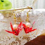 友禅千代紙 薔薇柄赤折り鶴和風ピアス