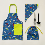 働く車×デニムプリント柄☆100〜110こどもエプロン、三角巾、巾着3点セット