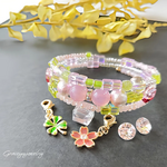 『Cherry　blossom🌸』&若葉コイルブレスレット　天然石マダガスカル産ローズクォーツ　　桜チャーム　四つ葉のクローバーチャーム付き