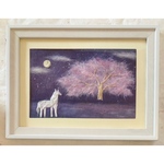 和紙ちぎり絵『桜の樹と白い馬』葉書サイズ原画