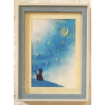 和紙ちぎり絵『キラキラ流れ星を眺める黒猫』葉書サイズ原画