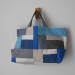 リネン・帆布・綿麻　ブルー系　ランダムパッチ　横長トートBAG　♪　綿麻　カラーリネン　青