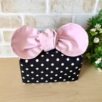 リボンがかわいいお弁当袋  (黒地に白のドット(小))×ベビーピンク