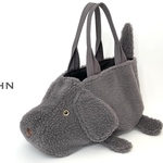 SIOCO・8号帆布 ダークグレー国産ボア・ドッグトートバッグ 《JOHNジョン》濃グレータイプ・動物立体バッグ 犬バッグ　dogBag ワンコ　犬　ファーバッグ　フェイクファー　もこもこラスト1点