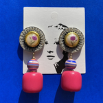 1点のみ❣️フラワープリントレトロボタン×vintageビーズピアス✳️イヤリング ピンク カラフル ローズ カラフル 80S 80年代 vintage ヴィンテージ ゆめかわ 古着 平成レトロ 北欧