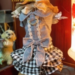 特別セール‼️💐Princessdogdress💐麦わら帽子の女の子　洋服ハーネス　ギンガムチェック　ソフトデニムワンピース　お散歩Ｄカン付き　オリジナルハンド
