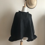 バイオウォッシュ加工リネン黒で作った前後OKフリルゆったりプルオーバー