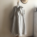 ワッシャー加工リネン（フラックス）で作った後リボンフレアワンピース