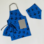 モノクロ恐竜柄☆130〜140こどもエプロン、三角巾、巾着3点セット　