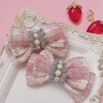 ピンク　ツイード　リボン　ヘアクリップ　ハンドメイド　ツイン用　ガーリー　